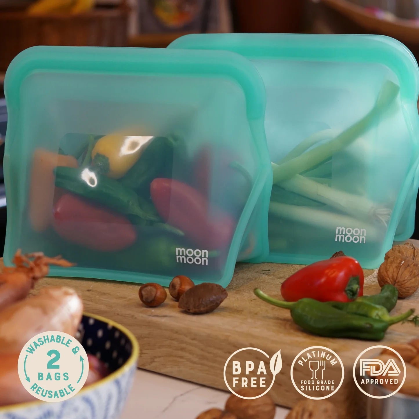 Moonmoon Reusable Silicone Food Bags XL Stand-Up Freezer Bags 1500ml Set of 2, Aqua