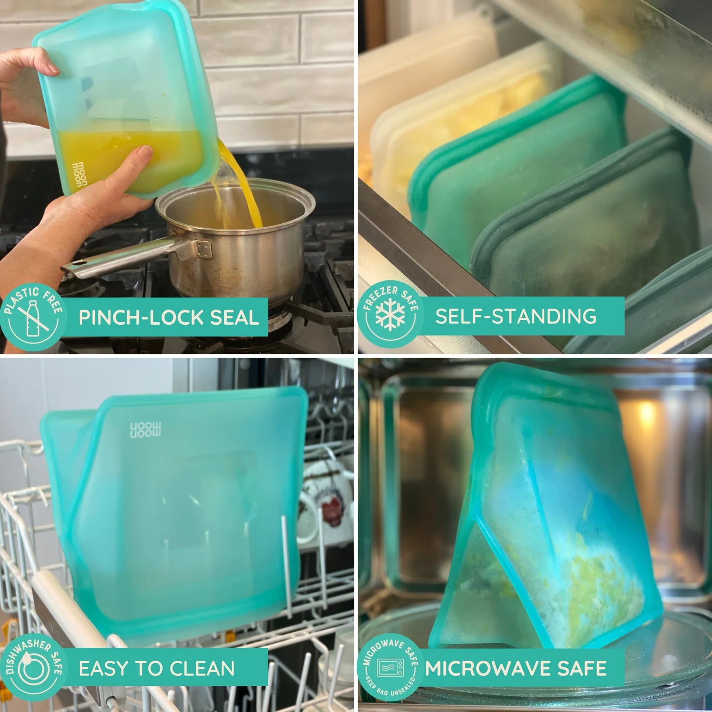 Moonmoon Reusable Silicone Food Bags XL Stand-Up Freezer Bags 1500ml Set of 2, Aqua