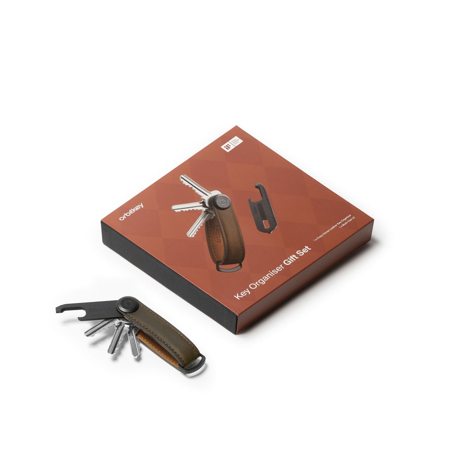 Orbitkey Key Organiser Crazy Horse + Multi-Tool v2 Set, Oak Brown/Brown