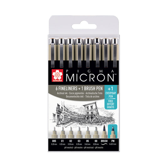 Sakura Pigma Micron Black 6 + 1 Brush + 1 PN, 8-sett