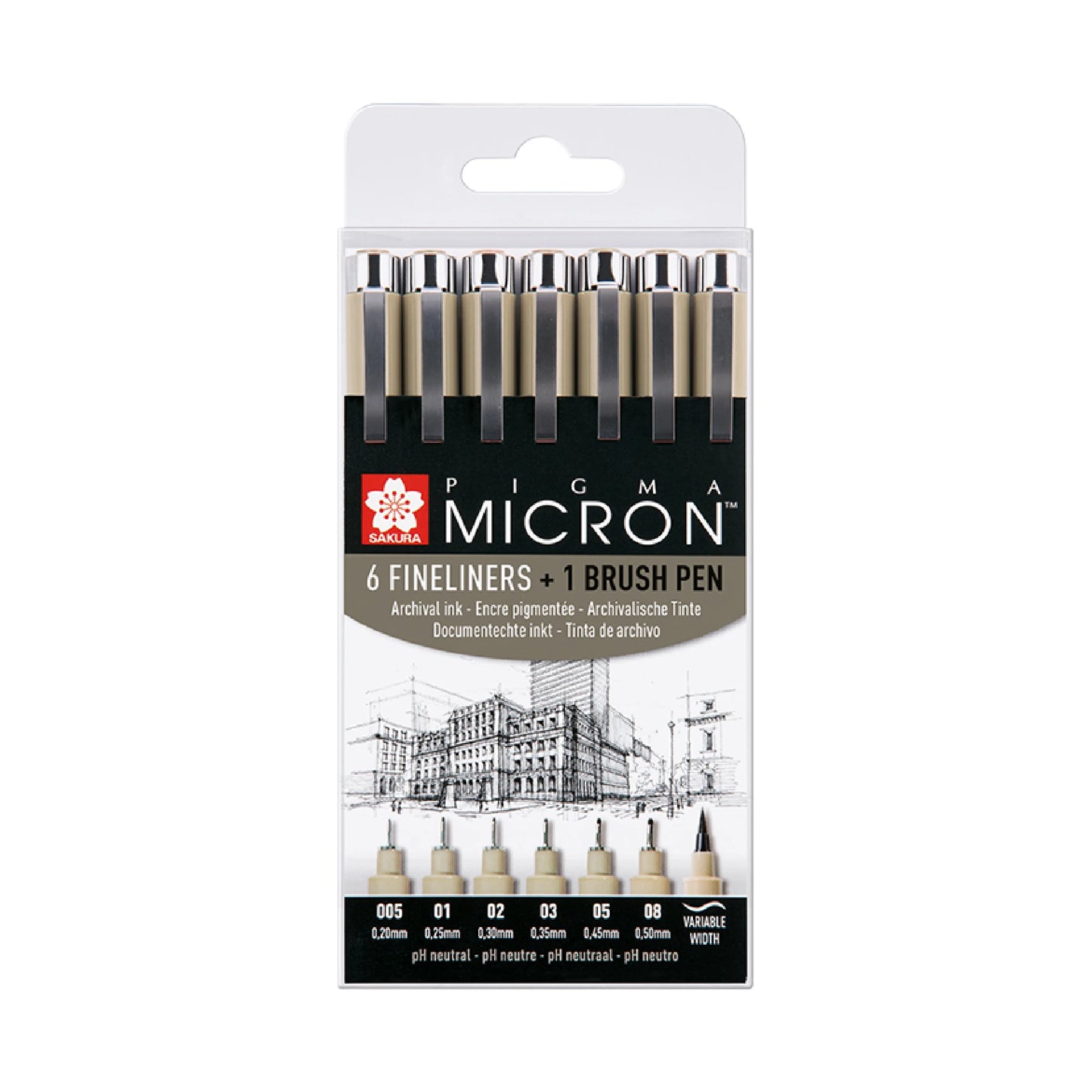 Sakura Pigma Micron Black 6 + 1 Brush, 7-sett