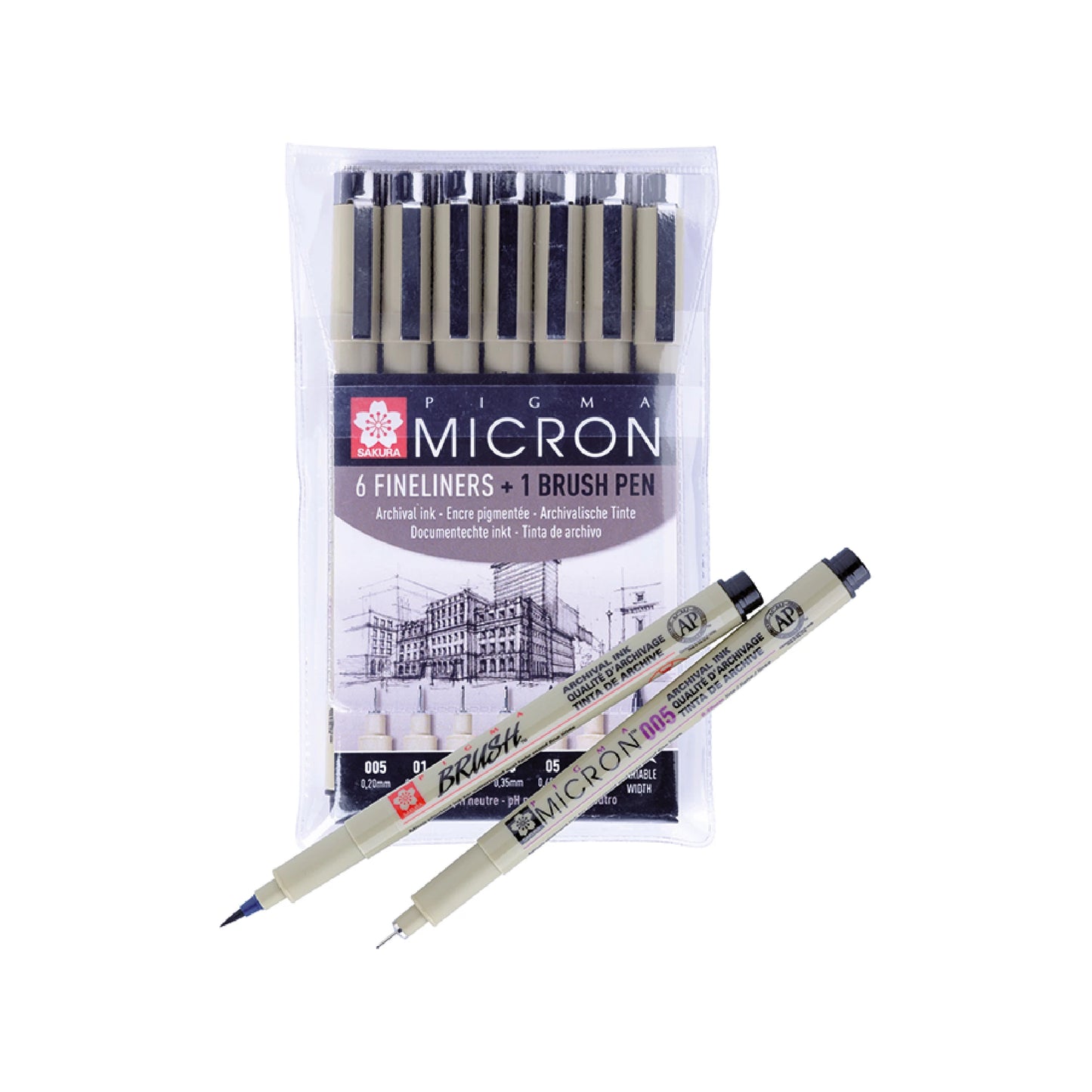 Sakura Pigma Micron Black 6 + 1 Brush, 7-sett