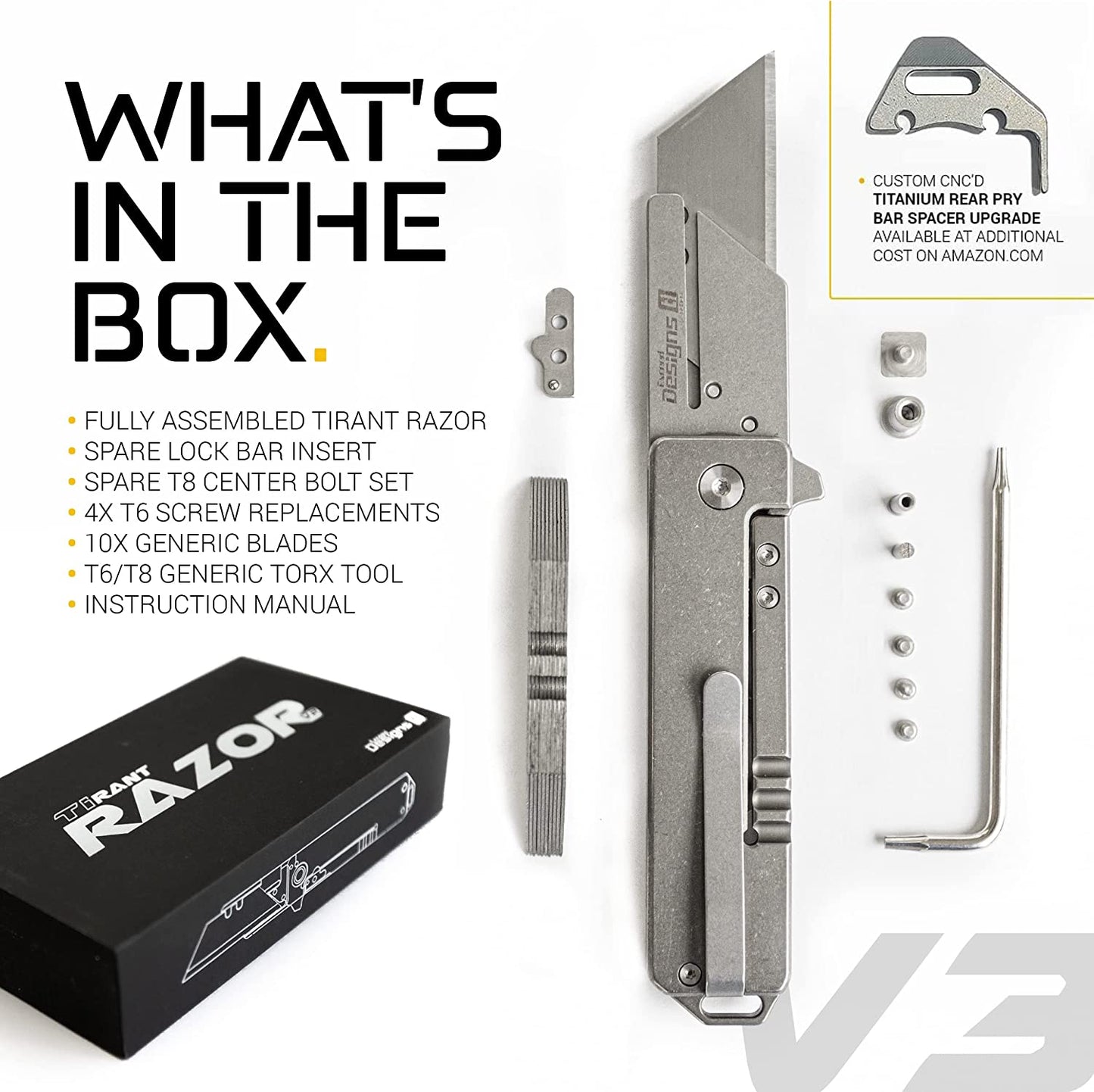 Exceed Designs TiRant RAZOR V3 Utility Knife, Jet-Black 6AL-4V Titanium