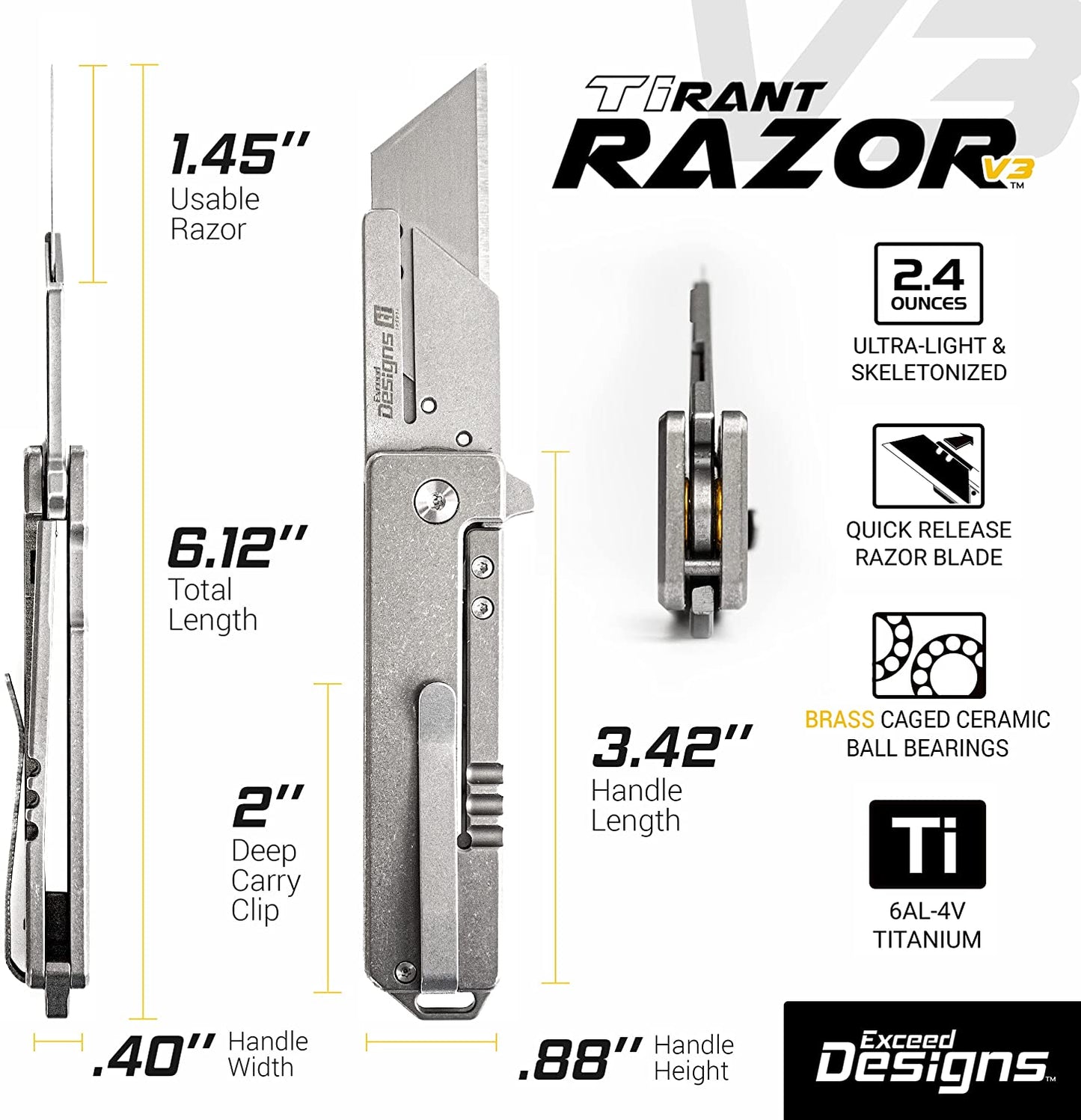 Exceed Designs TiRant RAZOR V3 Utility Knife, (Jet-Black 6AL-4V Titanium) Dual-SIde Milled CASCADIA TOPO Edition