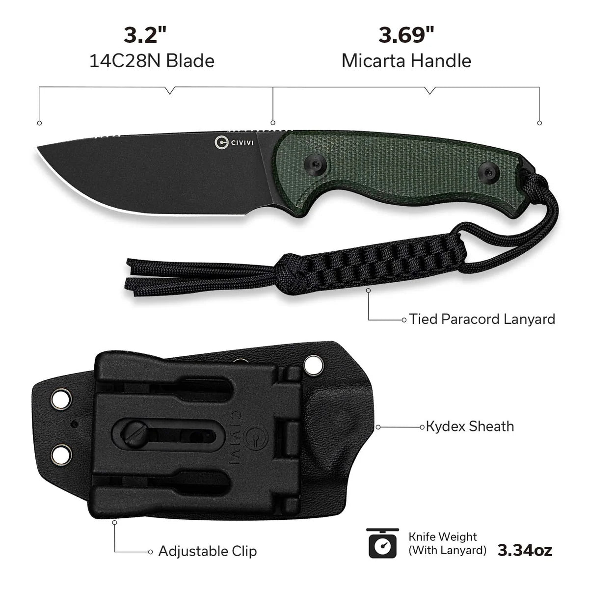 Civivi Timberbark Fixed Blade, Green Micarta / Black Stonewashed