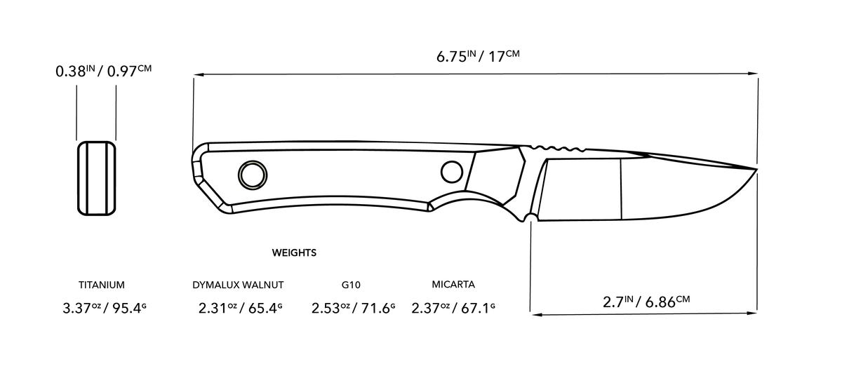 Spesifikasjoner for Big i Design USA Cloudland Fixed Blade, Dymalux Walnut