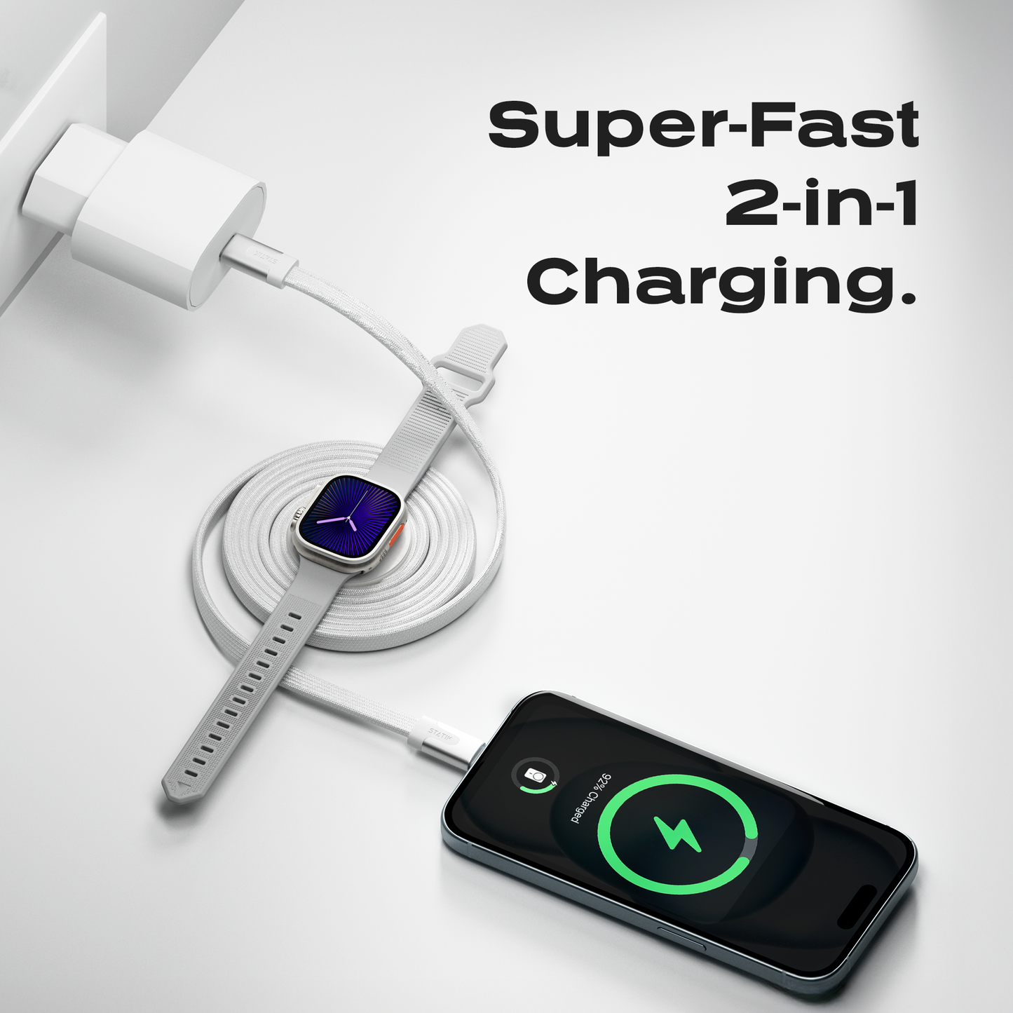 Statik® MagStack Duo USB C Cable with Apple Watch Charger 1.5 m, White