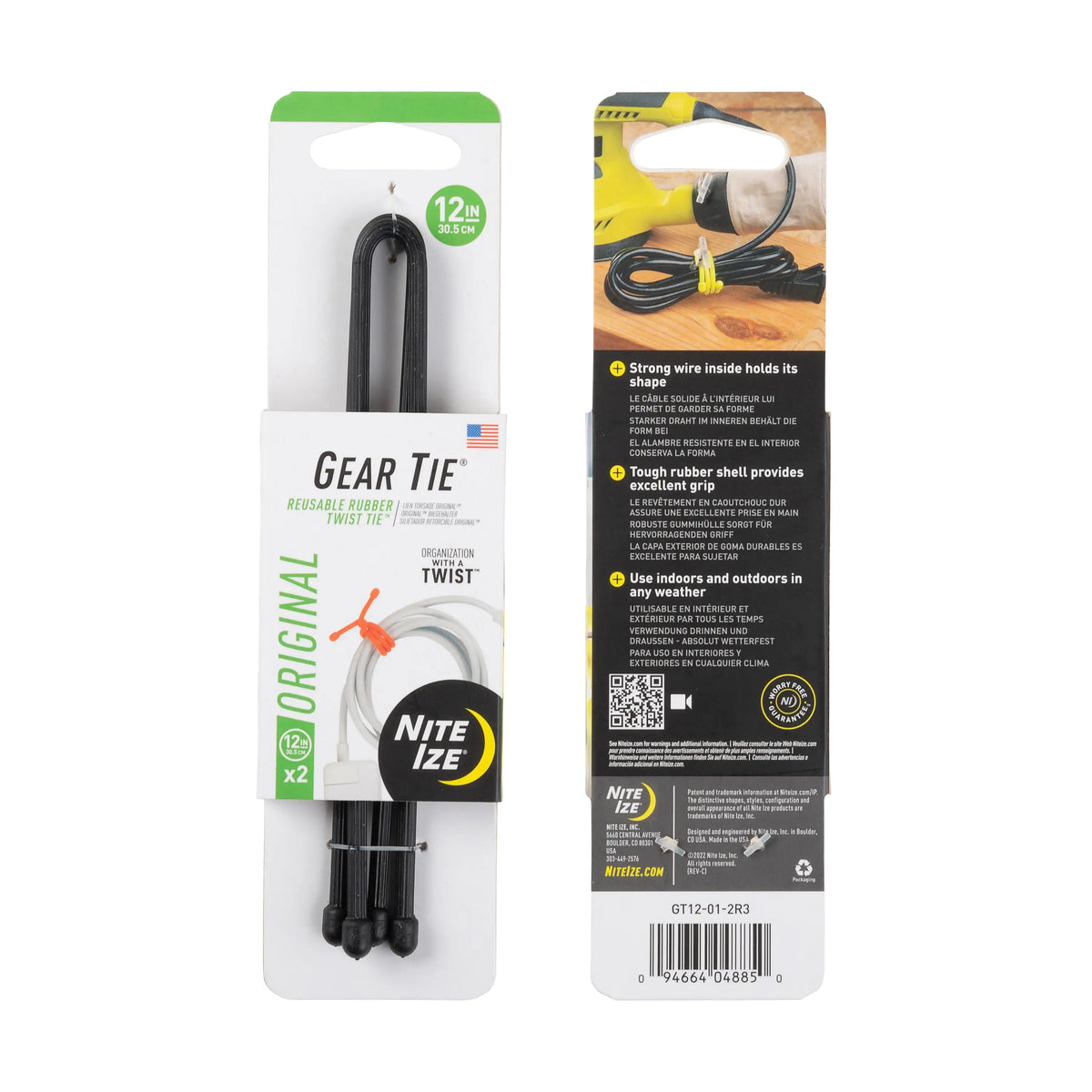 Nite Ize Gear Tie® Original Reusable Rubber Twist Tie™ 12 in 2 Pack, Black