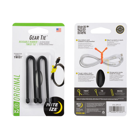 Nite Ize Gear Tie® Original Reusable Rubber Twist Tie™ 6 inch 2 Pack, Black