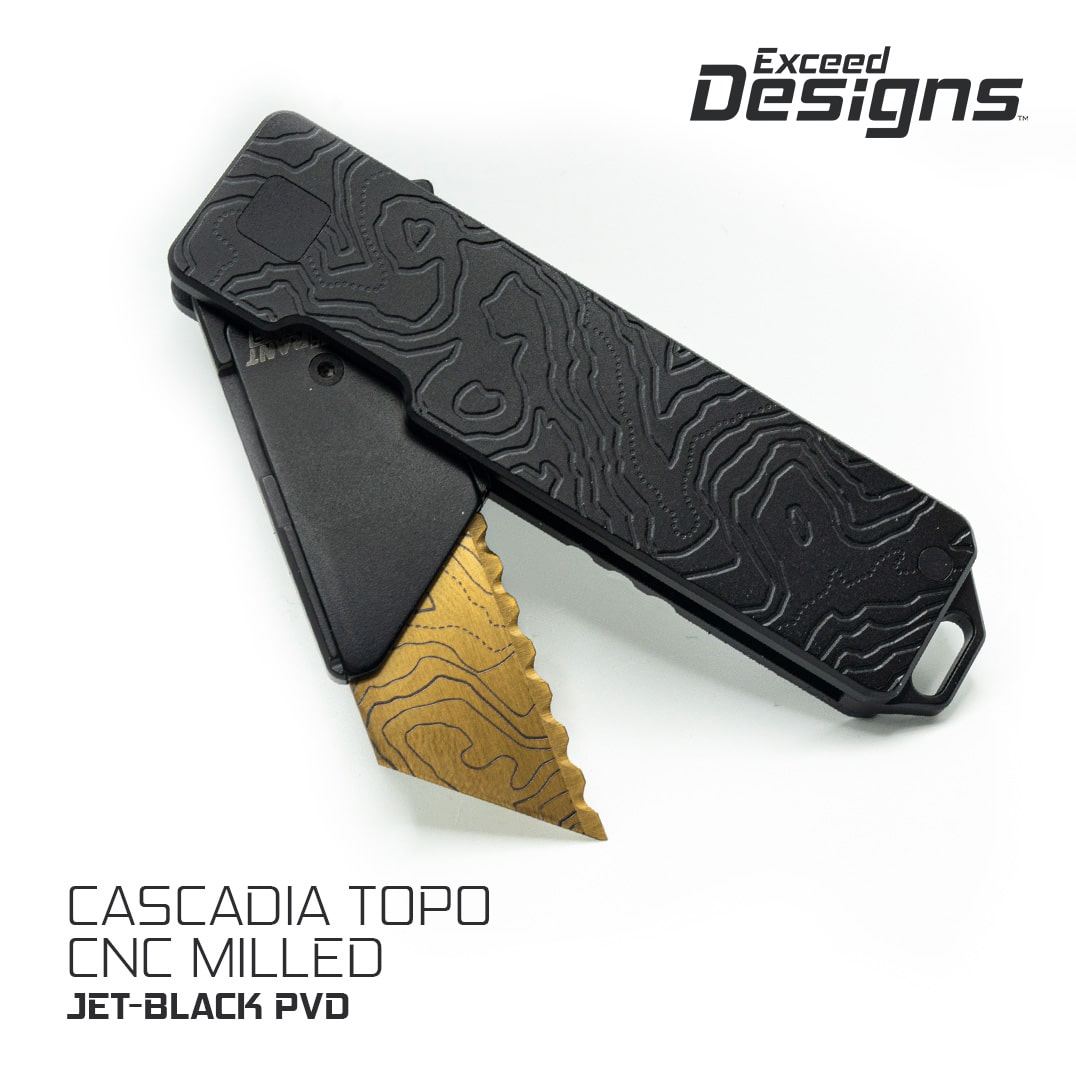 Exceed Designs TiRant RAZOR V3 Utility Knife, (Jet-Black 6AL-4V Titanium) Dual-SIde Milled CASCADIA TOPO Edition