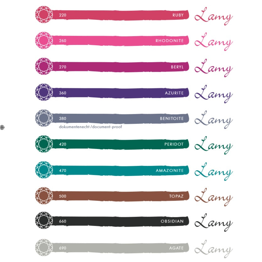 Fargeprøver for LAMY T 53 Crystal Ink-serien.