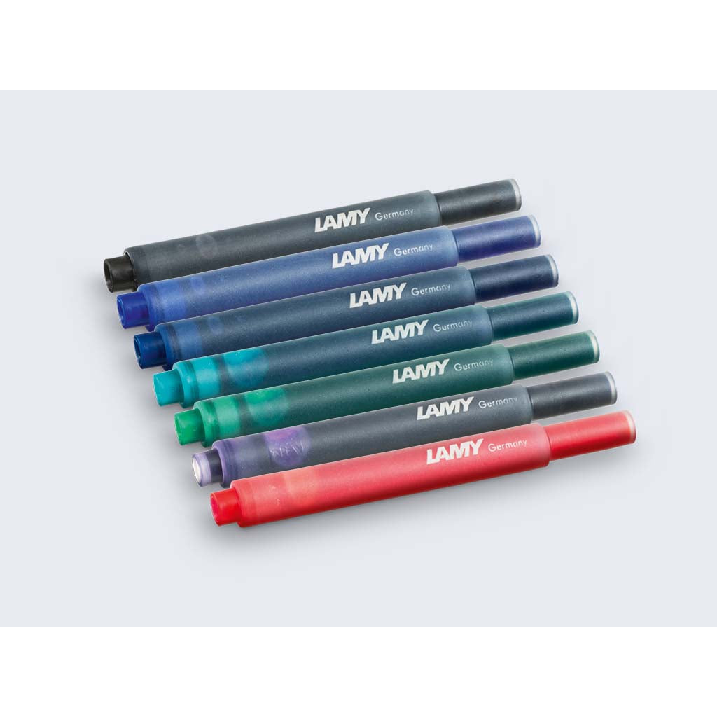 Fargeutvalget i LAMY T 10-serien, vist med blekkpatroner.