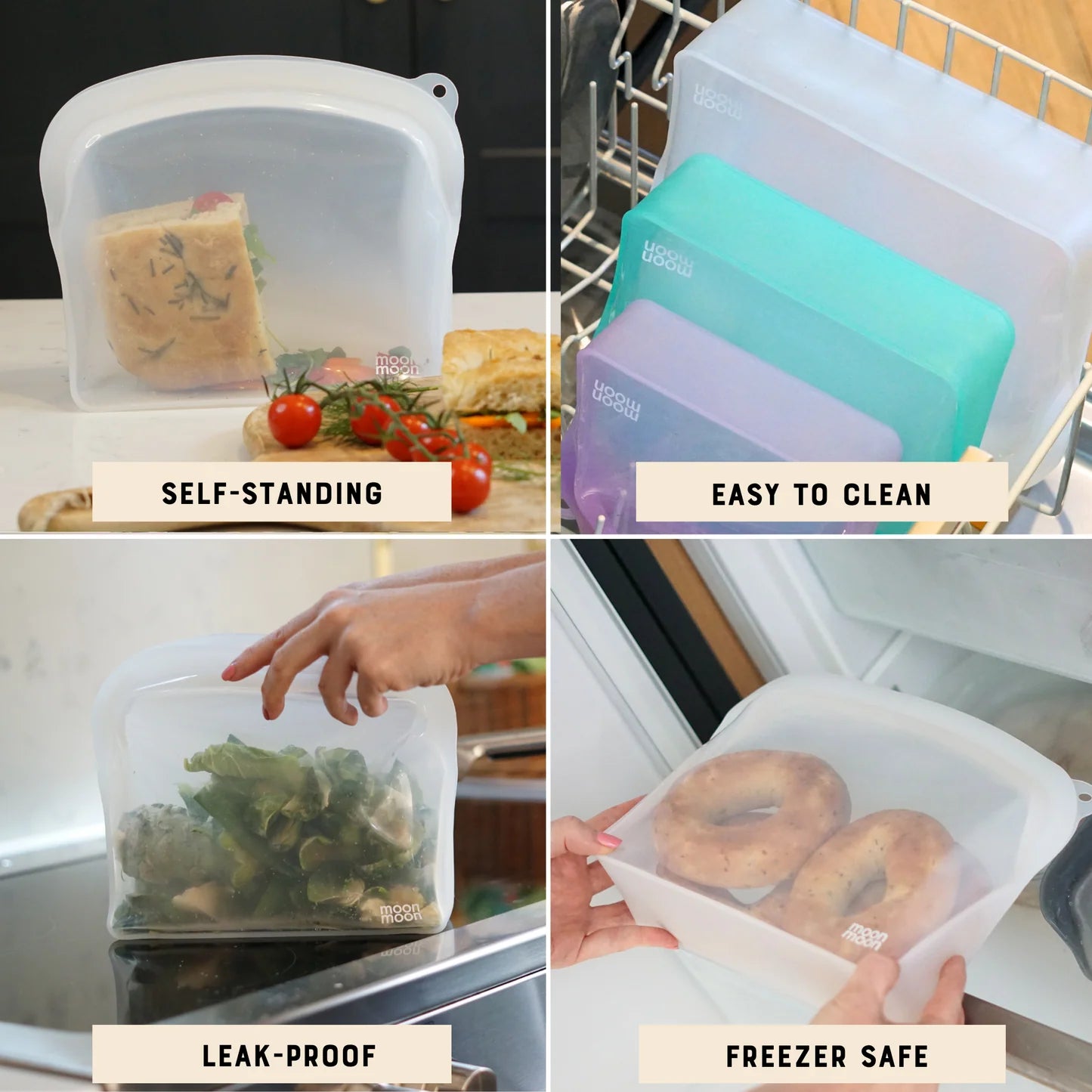 Moonmoon Reusable Silicone Freezer Bags XL Curve 2000ml Set of 2, Clear
