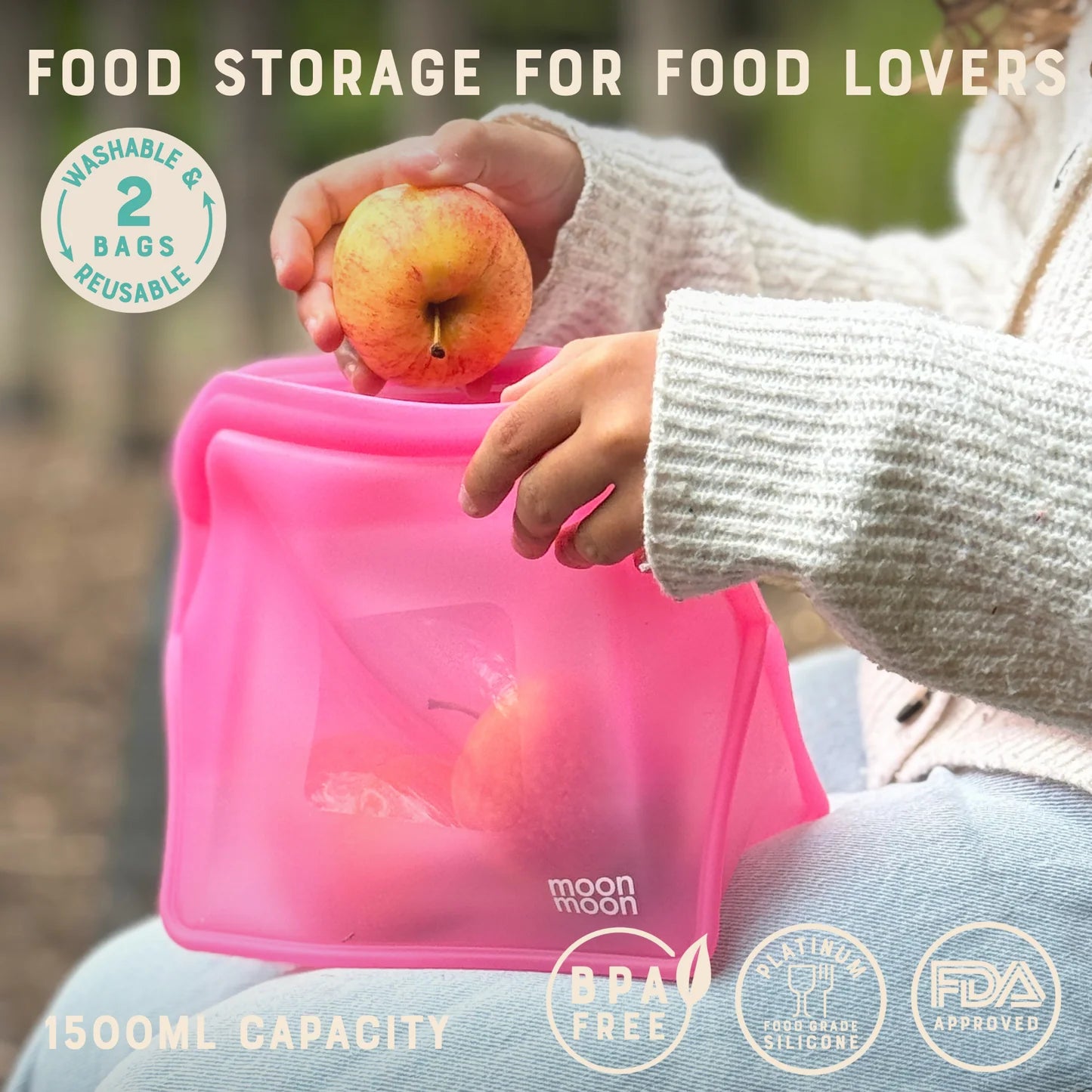 Moonmoon Reusable Silicone Food Bags XL Stand-Up Freezer Bags 1500ml Set of 2, Pink