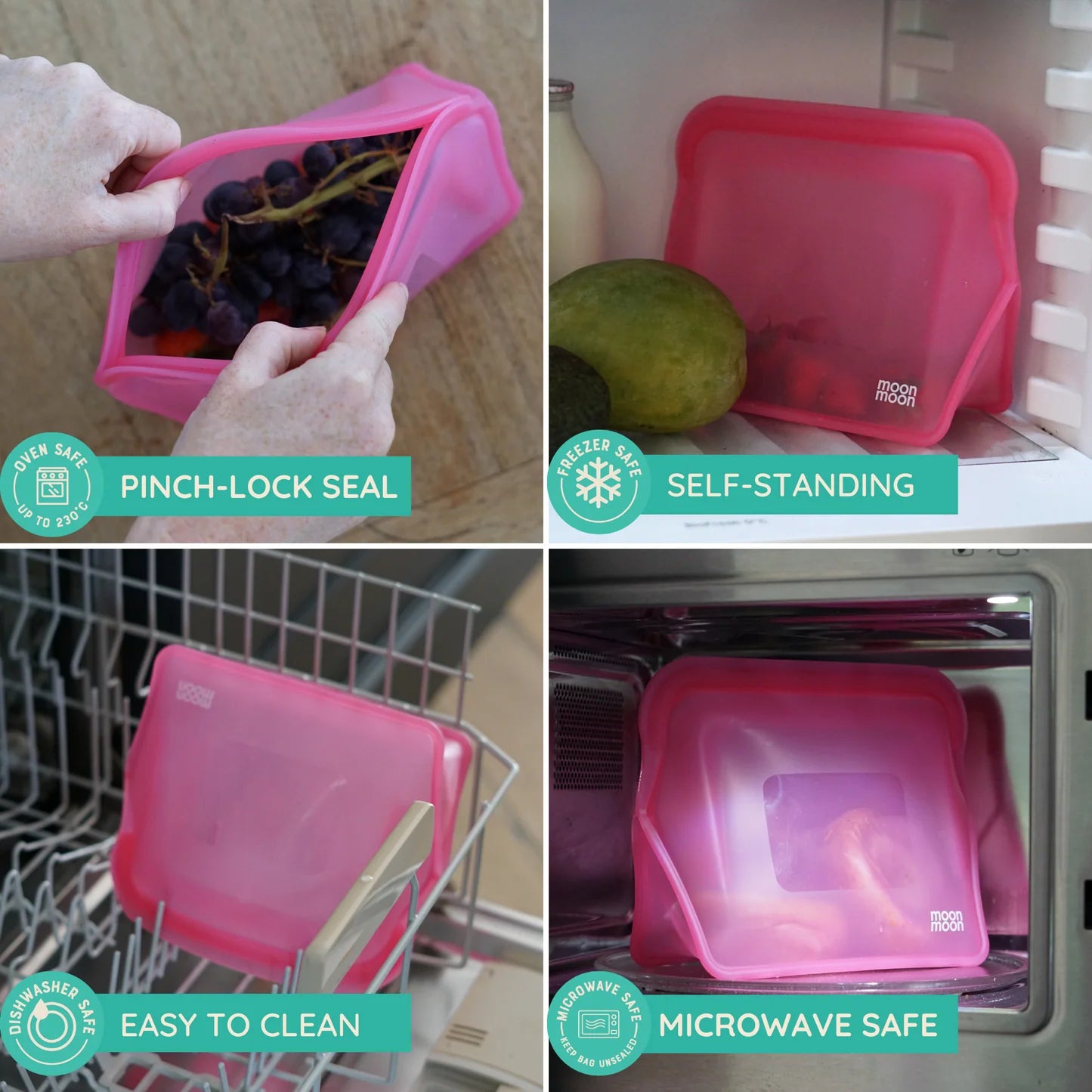 Moonmoon Reusable Silicone Food Bags XL Stand-Up Freezer Bags 1500ml Set of 2, Pink