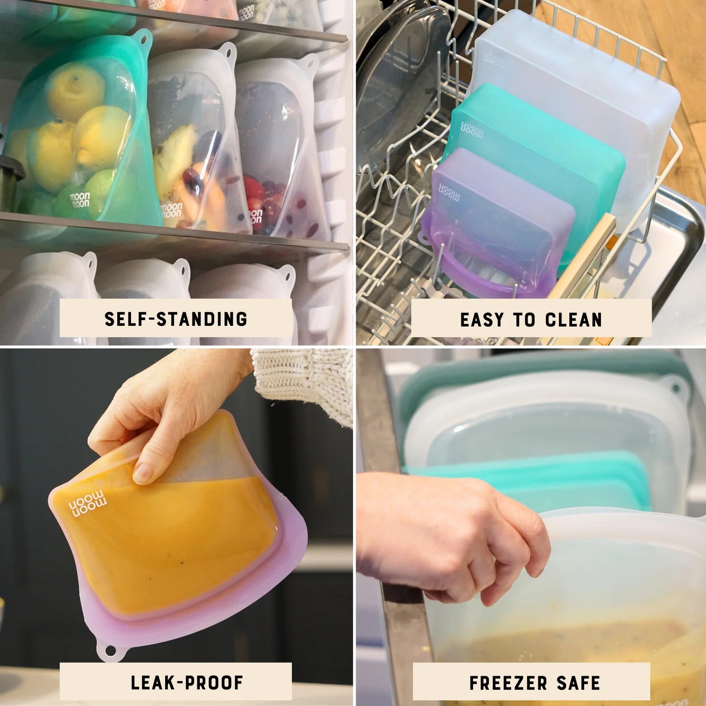 Moonmoon Reusable Silicone Freezer Bags Curve Bags Free-Standing, Set of 3