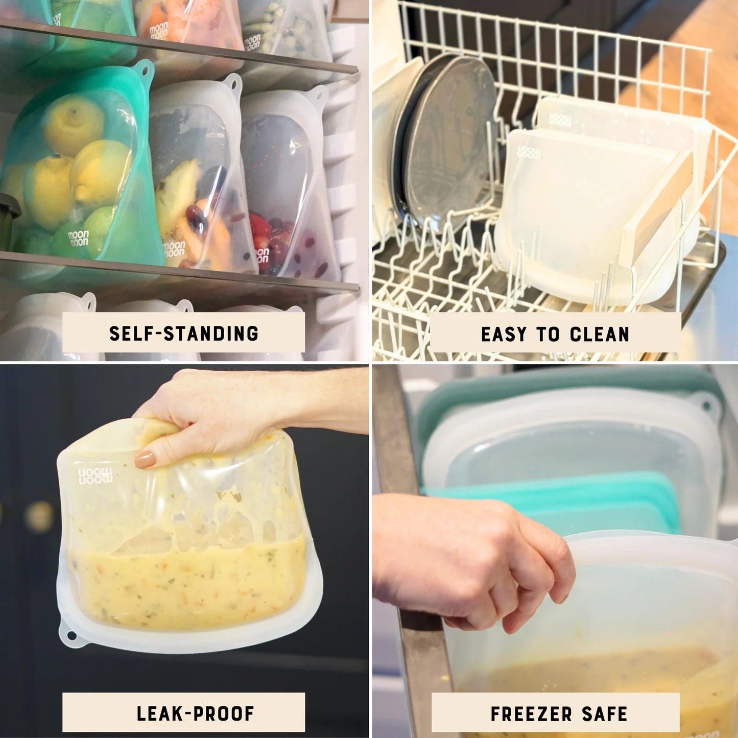 Moonmoon Reusable Silicone Freezer Bags Free-Standing 1200ml Set of 2, Clear