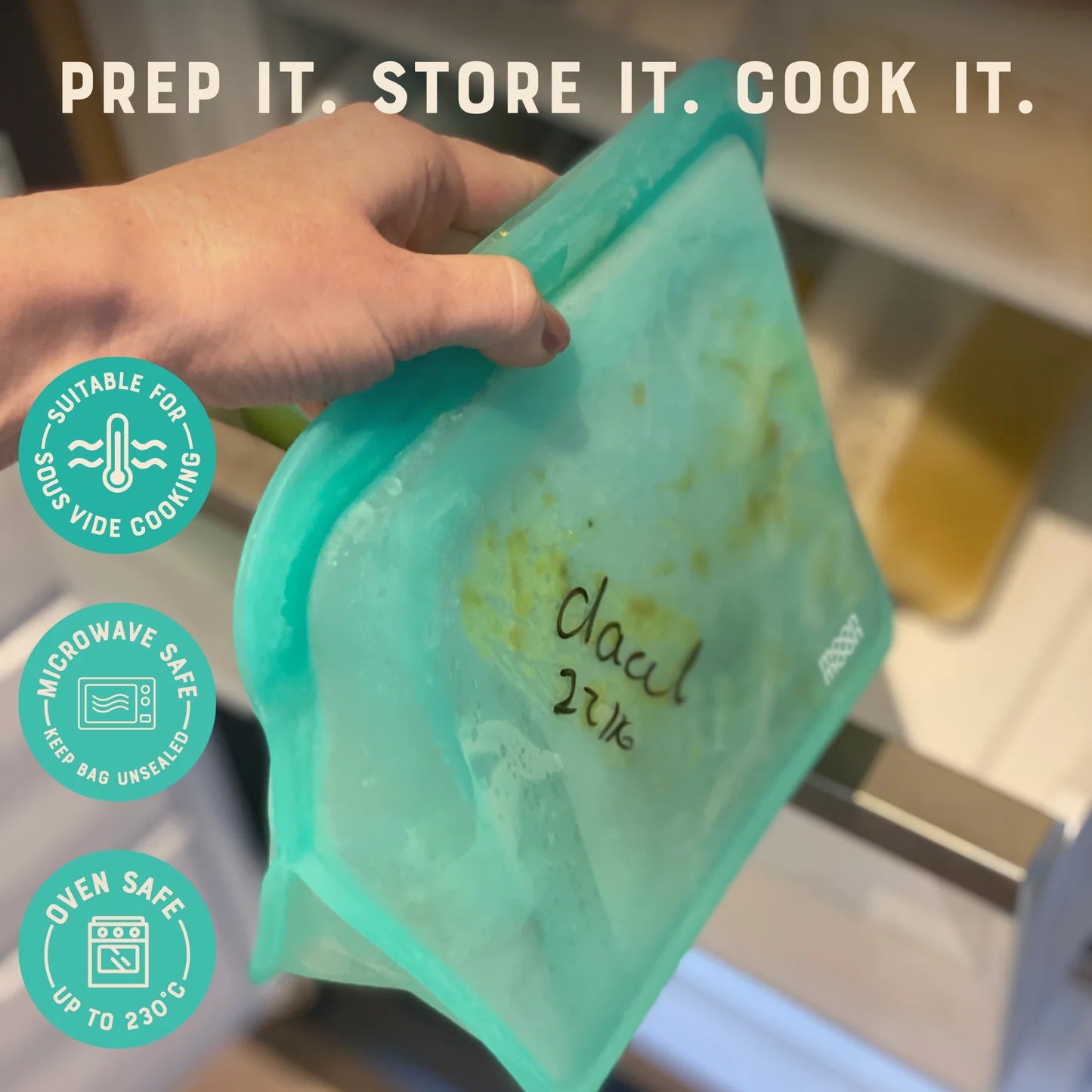 Moonmoon Reusable Silicone Food Bags XL Stand-Up Freezer Bags 1500ml Set of 2, Aqua