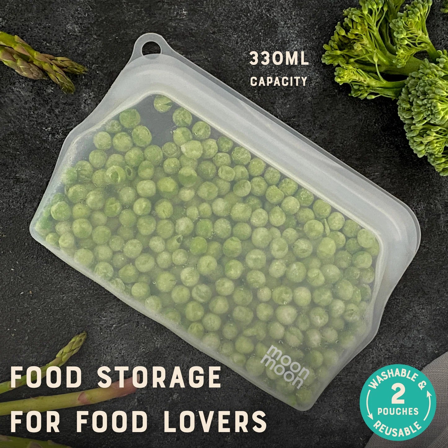 Moonmoon Reusable Silicone Food Bags Small Slim Pouch 330ml Set of 2, Clear