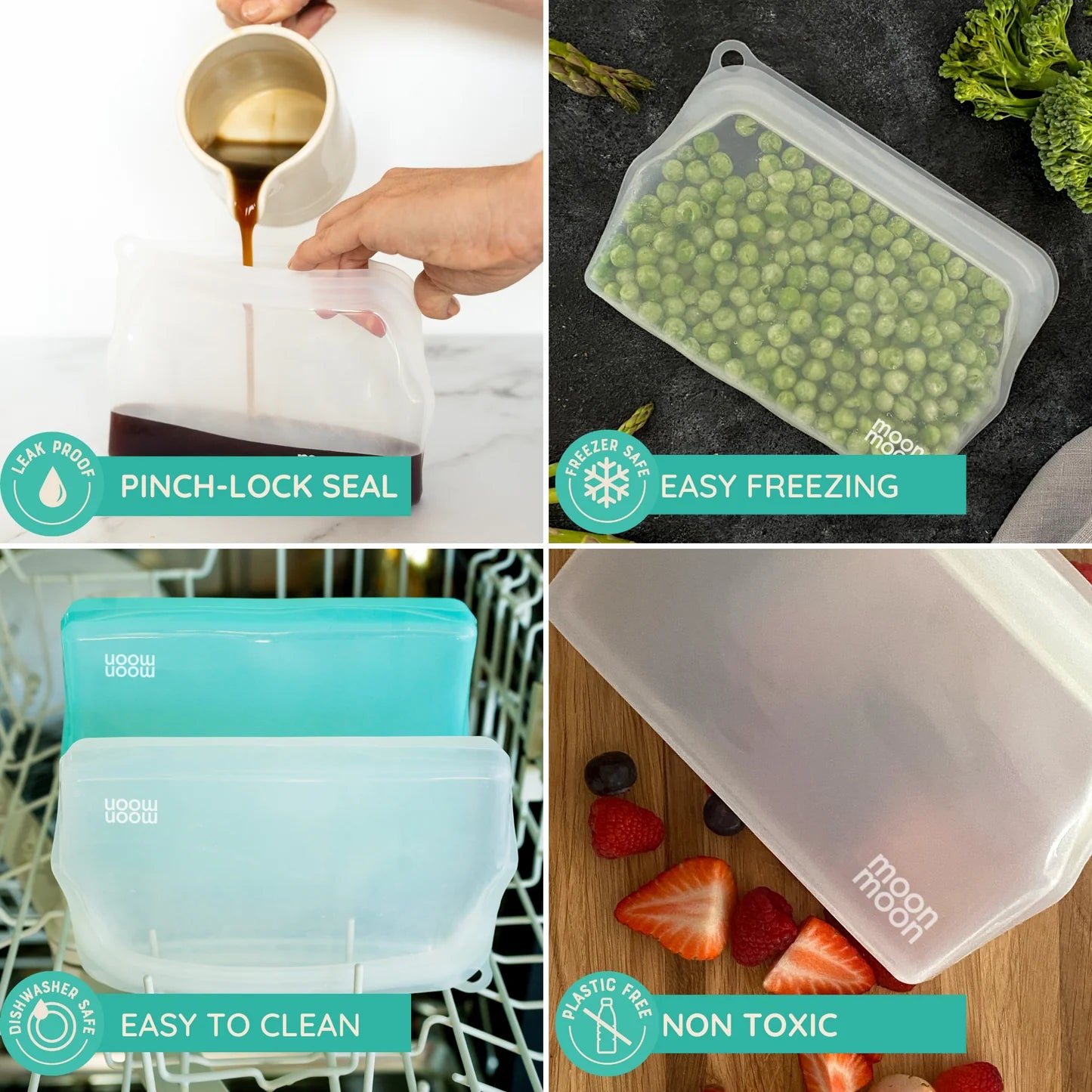Moonmoon Reusable Silicone Food Bags Small Slim Pouch 330ml Set of 2, Clear