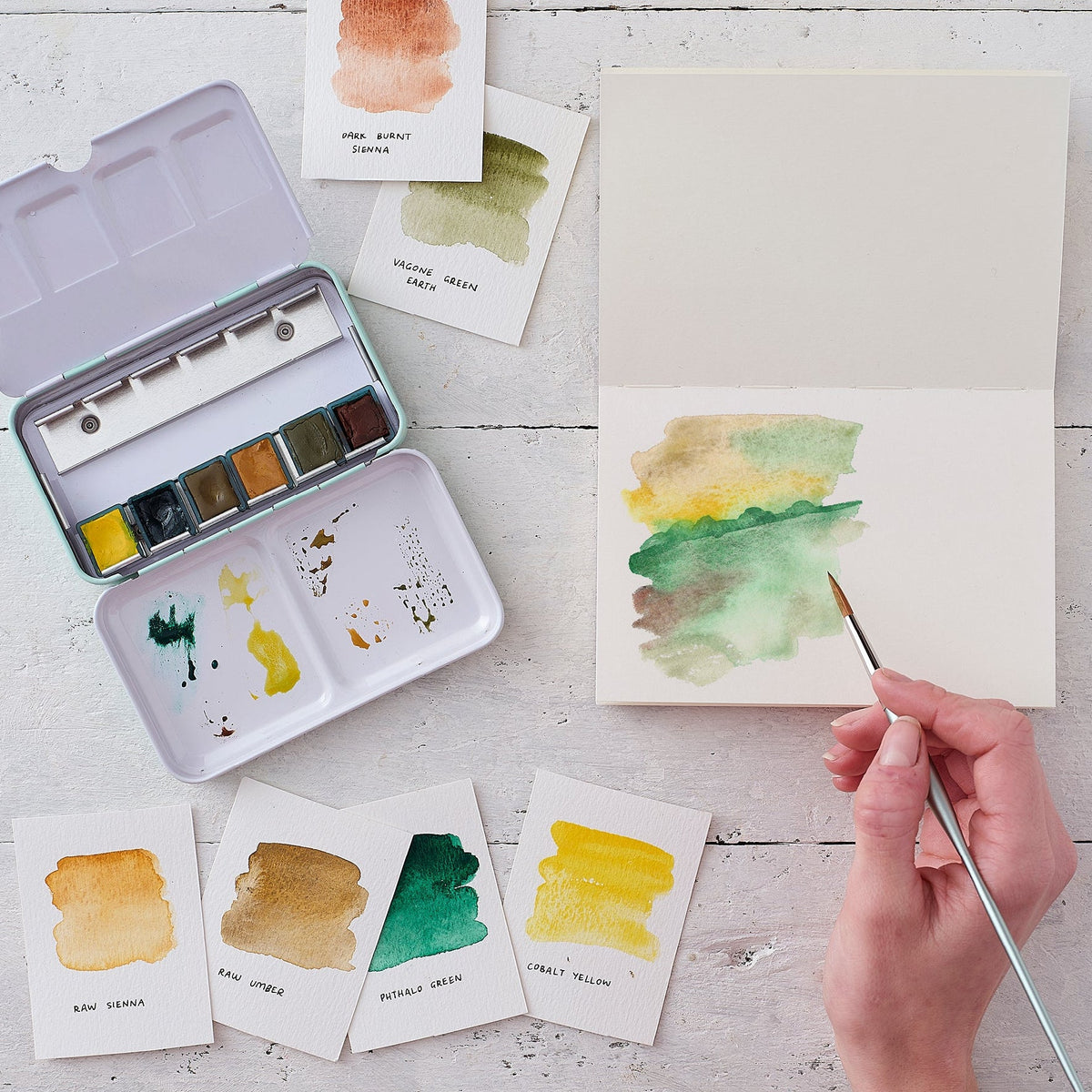 Tom’s Studio Landscape Watercolour Collection, akvarellfarger og reiseskrin i bruk