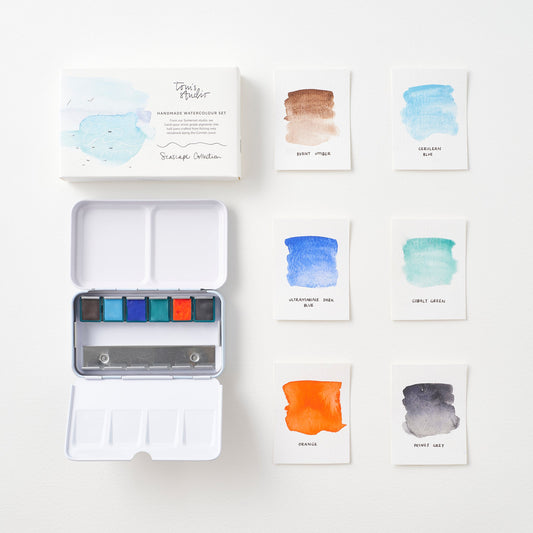 Tom’s Studio Seascape Watercolour Collection, åpent reiseskrin med seks farger og fargeprøver