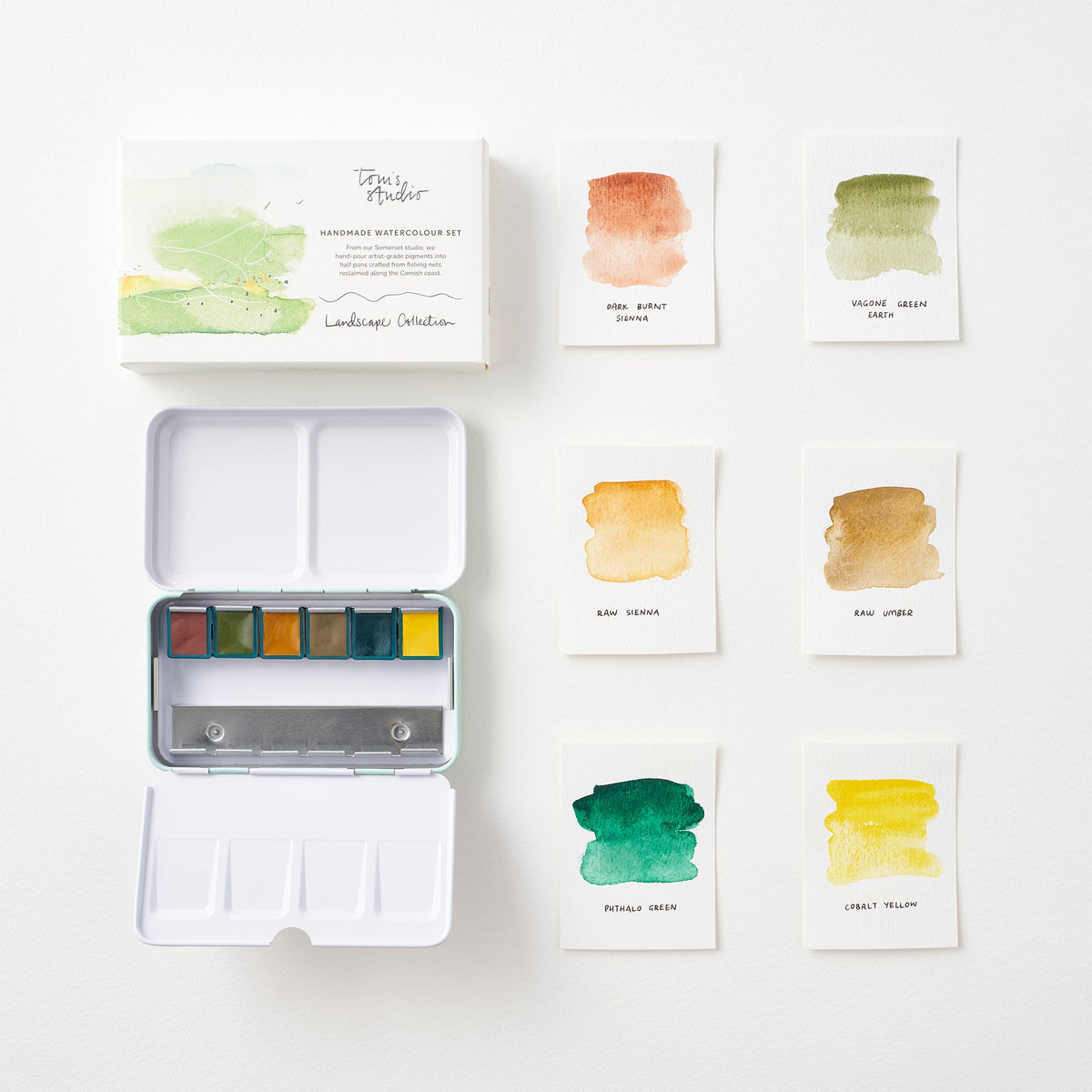 Tom’s Studio Landscape Watercolour Collection, åpent reiseskrin med seks farger og fargeprøver