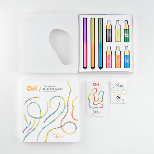 Tom’s Studio Ori Highlighter Set (3 Pen), tre penner, blekkflasker og tilbehør i emballasjen