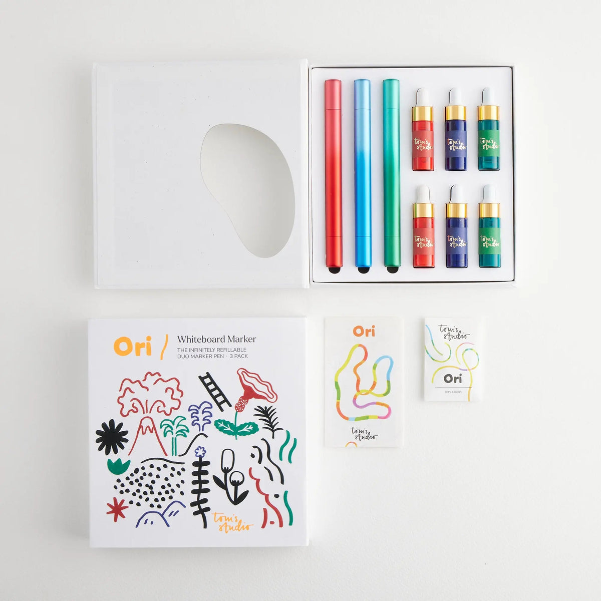 Tom’s Studio Ori Whiteboard Set (3 Pen), Red/Blue/Green, tre penner, blekk og tilbehør i emballasjen